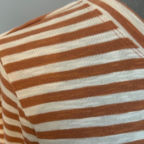 LOFT Brown and Cream Striped Knit Top with Lettuce Edge - Picture 3 of 11
